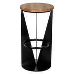 Front angle of stool highlighting iron base with triangular cutouts and circular metal footrest