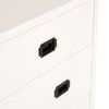 Close-up of black recessed metal handles on white drawer fronts