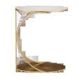 Side view showing open cantilever design with gold ribs supporting marble top and base