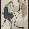 Traces II abstract painting with neutral tones and black and brown line accents in an espresso wood frame