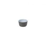 Small rounded butter dish with matte dark grey exterior and glossy white interior