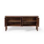 Interior view of sideboard with all doors open revealing upper and lower shelves and back cable holes