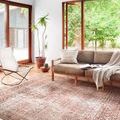 Layla Cinnamon Sage Rug styled in a bright room under a sofa and chair, showing soft worn pattern on wood floor