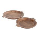 Two brown wooden bowls placed separately showing top-down view wth flat handles on each side