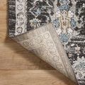 Corner of rug peeled back to reveal woven backing on wooden floor