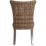Back angle showing woven rattan backrest curvature and wood-look legs with brand plaque