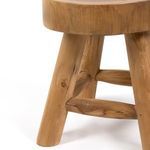 Close-up side view of stool legs highlighting natural wood knots and connecting horizontal support details