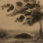Close-up of the tree’s blurred black leaves and branches in the painting