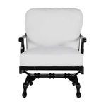 Front view showing wide cushioned seat and back with black frame