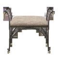Front view highlighting arched stretchers and 22-inch wide woven brown-beige upholstered seat