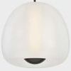 Rounded pendant light with softly etched white glass outer layer and dark metal base resembling an apple shape
