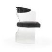 Side profile of chair highlighting the curved armrests and layered acrylic frame with black leather cushions