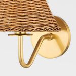 Close-up of the brass finish wall mount and arm with visible junction details