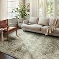 Rosette Sage beige rug styled in living room with light sofa, wood chair, large window, and greenery
