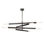 Modern linear chandelier with four black arms swiveling around a center, topped with frosted glass bulb covers