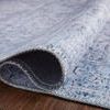 Rolled edge of Loren Slate Rug highlighting thin, flexible construction and stitched border