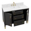 rear angle of black vanity frame with rectangular cutout for sink plumbing