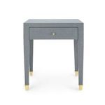 Claudette Side Table front view showing brass drawer pull and linen texture