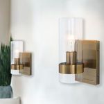 Pair of sconces mounted on white wall with houseplants nearby, showing room context and wall mounting