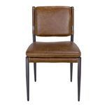 Front view highlighting square backrest and thick seat cushion in brown leather