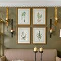 Gold and black colored sconces paired on olive green wall above sofa with botanical framed artwork