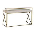 Rear angle of Ember Desk highlighting brass frame detail and white cerused wood top