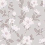 Close-up of textured sugared violet floral wallpaper showing detailed soft white flowers and pink-tinged leaves