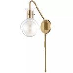 Riley 1 Light Wall Sconce with gold steel arm and clear glass shade showing filament bulb, includes pull chain and plug