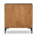 Darker-stained dresser corner showing clean metal leg attachment and wood joinery