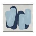 Abstract painting with layered blue and navy rounded shapes on a muted gray background in an espresso brown float frame