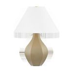 Full isolated product shot on white background with faceted beige base and tapered white linen shade
