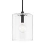 Neko 1 Light Large Pendant with clear cylindrical glass shade and black steel fixture holding exposed bulb