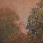 Close-up detail showing textured canvas and visible brushstrokes in tree foliage