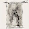 Abstract painting with bold black strokes framing a textured, grey-toned center on a light background