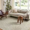 Noelle Ivory / Black Rug in a living room setting under sofa and chair with natural light