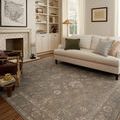Louisa Lagoon rug styled in bright living room with white couch, hardwood floor, and built-in shelves