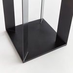 Close-up of Hanley lantern base showing smooth black metal and clear transparent side panels