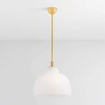 Oberon Pendant hanging from ceiling in styled room with white wall and ceiling