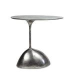 Rizzo Accent Table with oval metal top on a slim offset arm and a rounded organically shaped metal base in silver finish