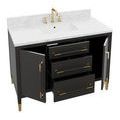 black vanity with open doors and drawers displaying interior storage space