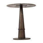 Underside view showing metal mounting plate attaching marble top to tapered oak base
