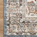 Corner of rug flat on hardwood floor highlighting color transitions and detailed border design