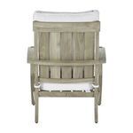 Back-left angled view of tan teak lounge chair with visible wood texture