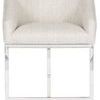 Contemporary bar stool with a curved barrel seat upholstered in light textured fabric and polished nickel metal base.