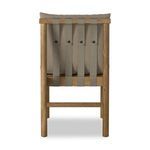 Rear view showing five vertical taupe straps attached to wooden back frame