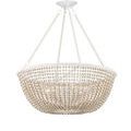 Bottom inside view showing metal spokes and subtly glowing bulbs encircled by wooden bead strands