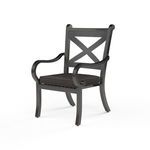 Monterey Motion Dining Chair in dark espresso aluminum with curved armrests and X-back design with seat cushion