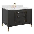 48-inch black lacquered linen bathroom vanity with rectangular undermount sink and gold hardware