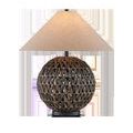 Casimer Black Table Lamp with spherical water hyacinth orb base wrapped in black-washed fibers and beige conical shade