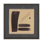 Abstract painting featuring a large vertical black brushstroke, two horizontal black brushstrokes, and two diagonal thin b...